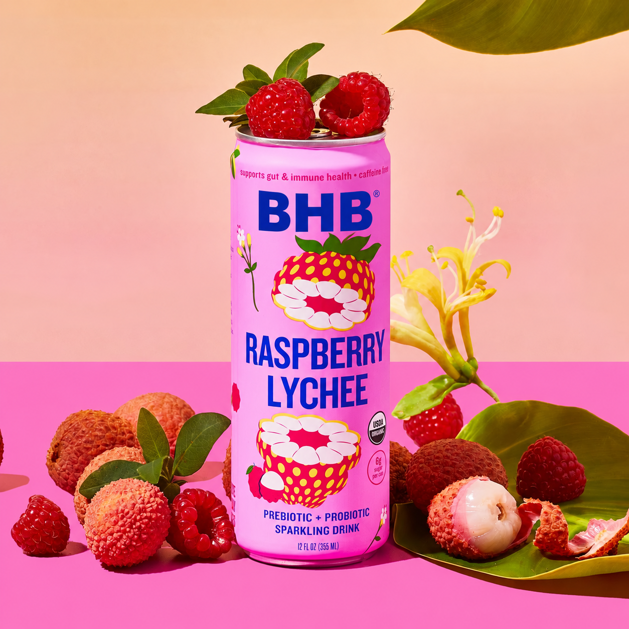 Raspberry lychee can with fresh fruit